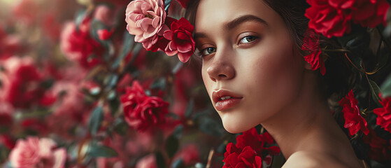 Portrait of beautiful young woman with red flowers in her hair.