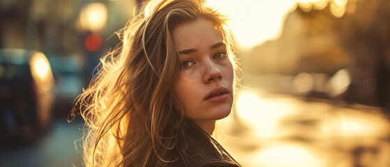 Portrait of a beautiful young woman in the city park at sunset.