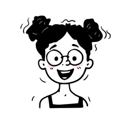 Hand drawn person face. Doodle icon with portrait of adorable laughing teenage girl in glasses. Black and white avatar with happy child. Cartoon outline vector illustration isolated on background