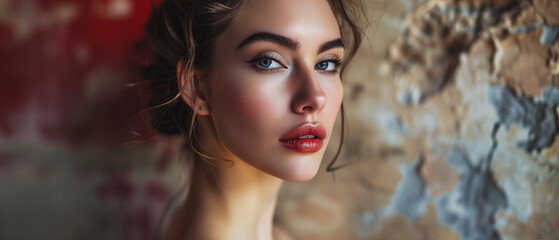 Portrait of beautiful young woman with evening make-up and red lips