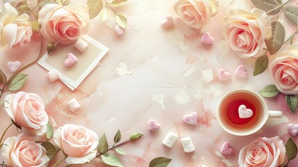 Celebrate Valentine s Day Women s Day or Mother s Day with a charming banner featuring greeting cards pink roses tea heart shapes and marshmallows set against a soft light background Perfec