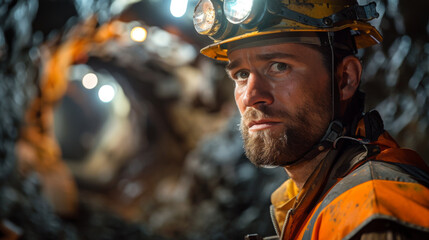 Portrait of a serious miner with a headlamp in a dark underground tunnel, wearing reflective gear.