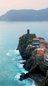 Houses of Vernazza village popular tourist destination in Cinque Terre National Park a UNESCO World Heritage Site, Liguria, Italy. Camera panning