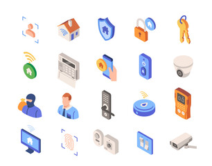 Set of smart home related colorful icons. Bright signs with remote home control system using Wi Fi, biometric lock and CCTV system. Cartoon isometric vector collection isolated on white background