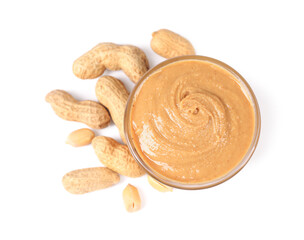 Delicious nut butter and peanuts isolated on white, top view