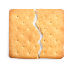 Crispy broken cracker isolated on white, top view