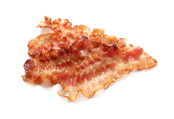 Delicious fried bacon slices isolated on white