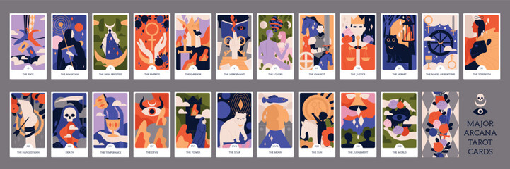Set of Major Arcana Tarot cards. Occult and esoteric attributes with magical symbols and signs. Spiritual pack for fortune telling. Cartoon flat vector collection isolated on gray background