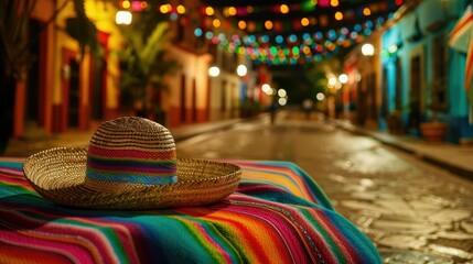 At night in a Mexican town a vibrant scene unfolds as a traditional Mexican sombrero rests atop a colorful serape
