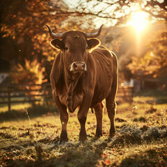 Close up view of a big brown bull in a farm field seeing at camera with sunlight shining on its body.