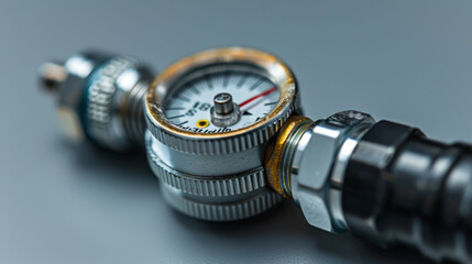 Close-up view of a precise pressure gauge used in industrial machinery for monitoring.