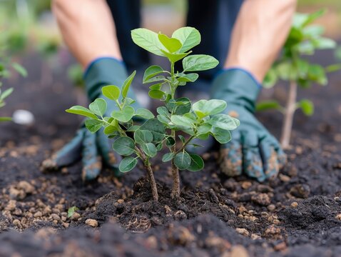 A person is planting a small tree in the dirt. The person is wearing gloves and is bending over to place the tree in the ground
