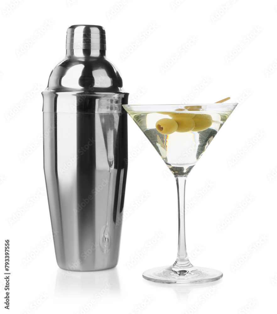 Wall mural metal shaker and martini cocktail isolated on white