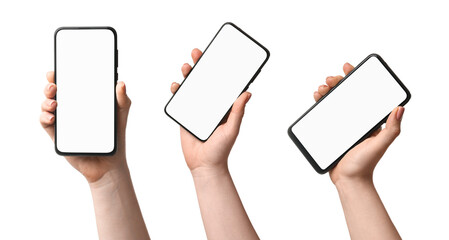 Woman holding phones with blank screens on white background, closeup. Set of photos