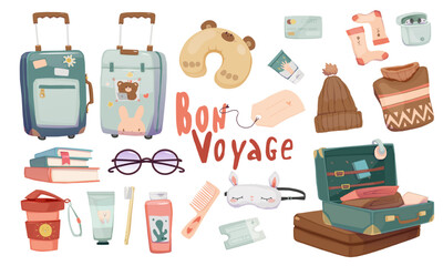 Set of Travel stuff. Stickers with luggage, suitcases, travel pillow, hygiene products and sleep mask. Clothes and things for vacation. Cartoon flat vector illustrations isolated on white background