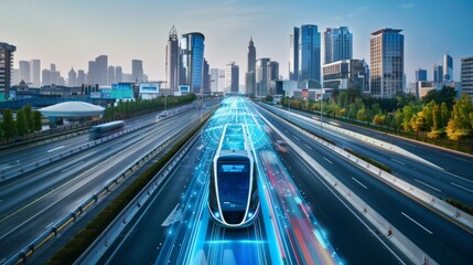 Obraz premium Futuristic Car Driving on City Highway