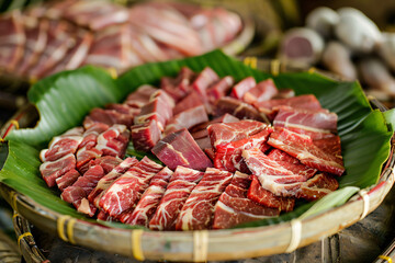 Close up of raw meat in a bamboo basket.
