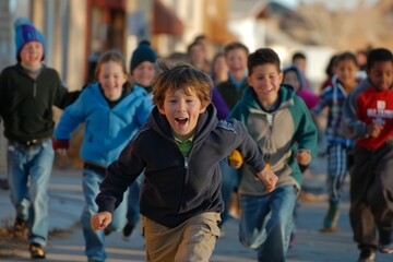 Group of happy kids running on the street at sunny day. Selective focus - Powered by Adobe
