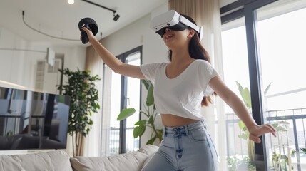 woman in virtual reality (VR) glasses.