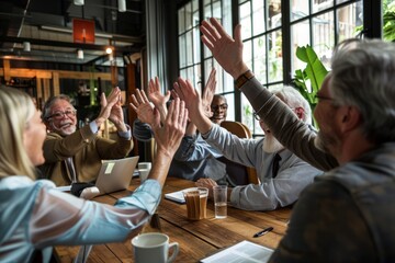 Group of senior business people giving high five to each other in office