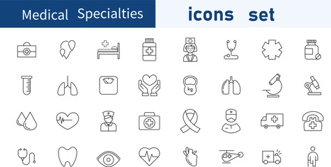 Set of Medical specialties web icons in line style. Brain, dentistry, diagnosis, doctor, medicals. Vector illustration bundle .