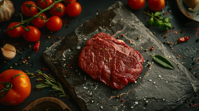 raw beef steaks on a dark rustic board with spices in stone background