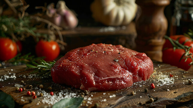raw beef steaks on a dark rustic board with spices 