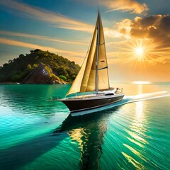 A stunning 3D render of a sleek, small yacht gliding gracefully on the calm, emerald-green sea