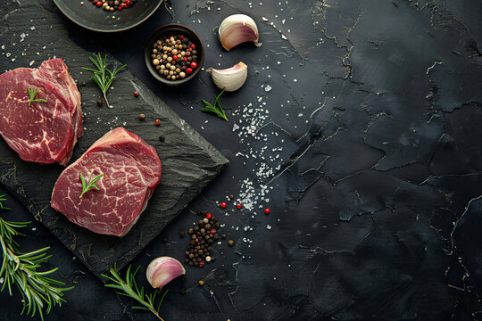Raw organic marbled beef steaks with spices on a wooden cutting board on a black slate, stone or concrete background. Top view with copy space.