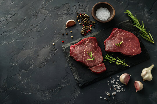 Raw organic marbled beef steaks with spices on a wooden cutting board on a black slate, stone or concrete background. Top view with copy space.