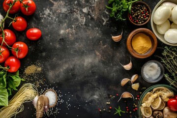 Variety of spices and onions on border with copyspace