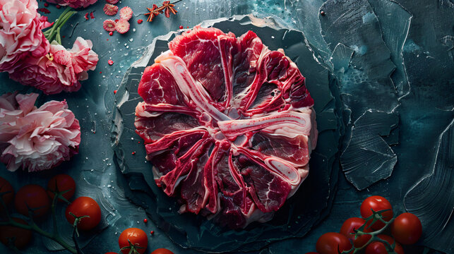 raw beef steaks on a dark rustic board with spices on a stone background
