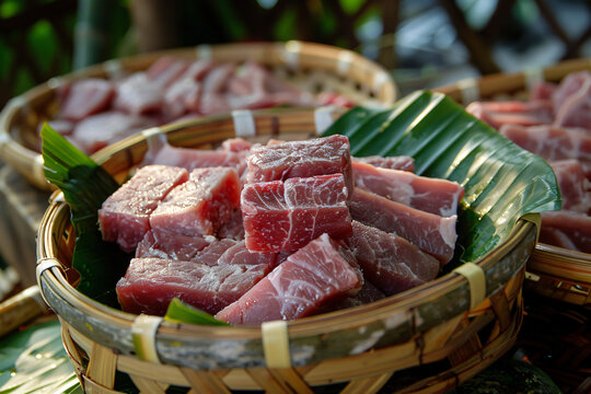 Close up of raw meat in a bamboo basket.