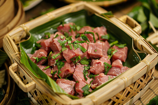 Close up of raw meat in a bamboo basket.