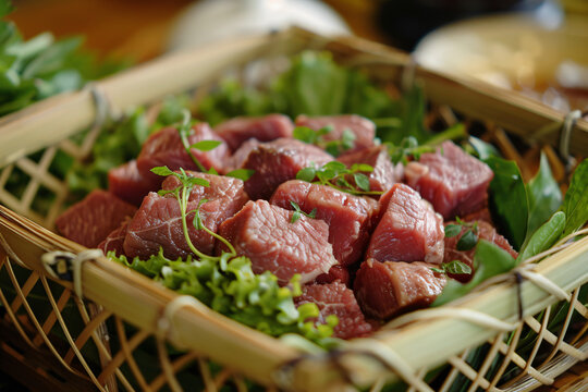 Close up of raw meat in a bamboo basket.