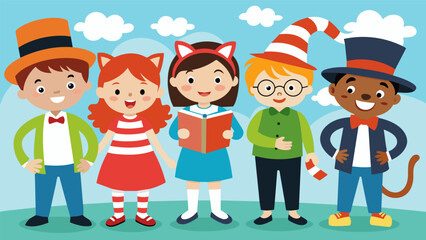 A group of kids dress up as their favorite book characters from Matilda to The Cat in the Hat for a costume party celebrating their love for