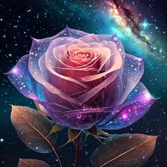 A stunning 3D render of a transparent, crystal rose floating gracefully against a deep, starry night sky