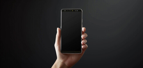 front view of hand holding a smartphone screen on black background 