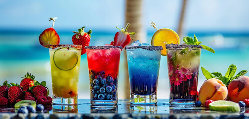 a colorful array of fruits cocktails alaong sea side - obrazy, fototapety, plakaty