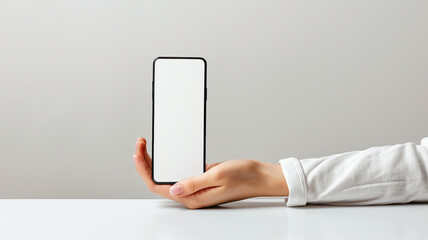 front view of hand holding a smartphone screen on white background  - obrazy, fototapety, plakaty