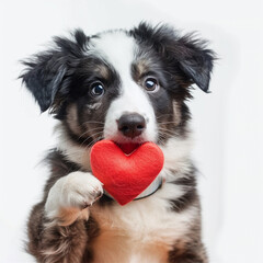 beautiful puppy holding a heart along white white backdrop