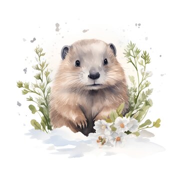 Watercolor illustration of a groundhog with flowers. Isolated on white background.