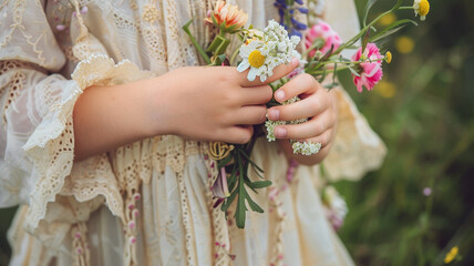 girl holding flowers in her hand - obrazy, fototapety, plakaty