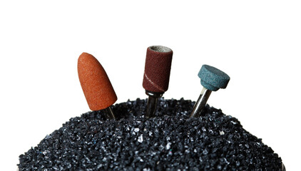 Silicon Carbide show with sharpening tools device. Black Silicon Carbide pile and top with spinning...