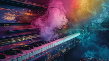 Piano with colorful smoke generative ai