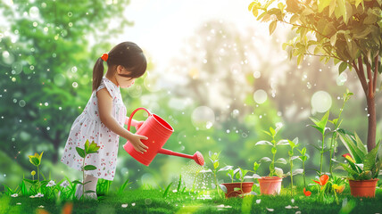 girl watering plants in garden - obrazy, fototapety, plakaty