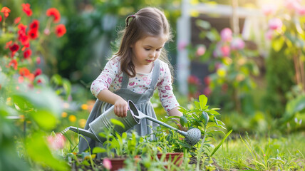 a girl watering plants in garden - obrazy, fototapety, plakaty