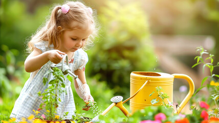 girl watering plants - obrazy, fototapety, plakaty