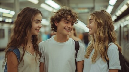 Three young friends stand chatting and smiling happily while traveling on a train, blurred background.Generative AI illustration.