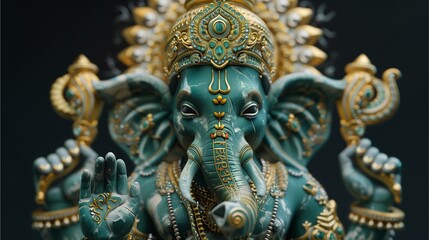 Fototapeta premium A detailed sculpture of Lord Ganesha, adorned with intricate gold patterns, showcasing a serene expression against a dark background.